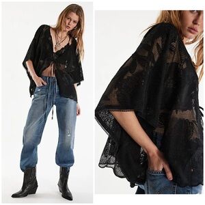 Free People Willow Tie Front Kimono Cape in Black OS NWT